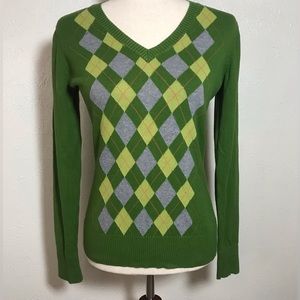 Medina women’s sweater, green with argyle front. Size XS